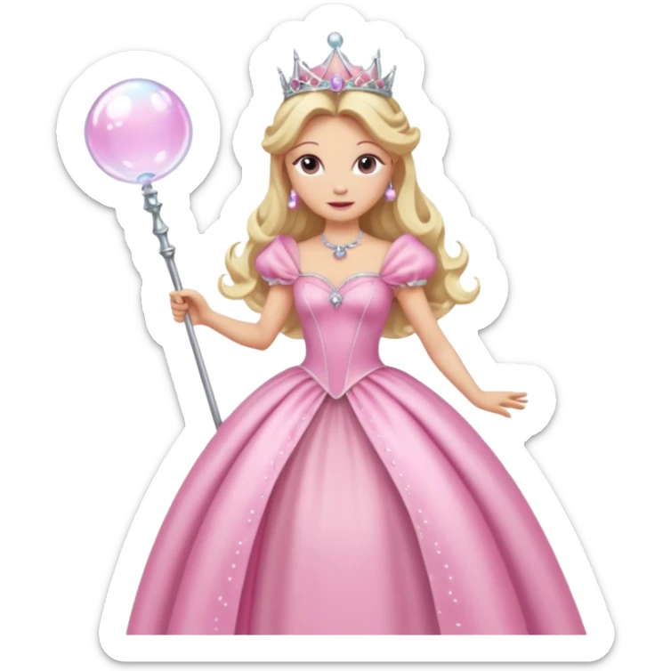 glinda the good witch from wicked movie, blonde hair, beautiful, big silver thin tiara, bubble wand, pink gown sticker