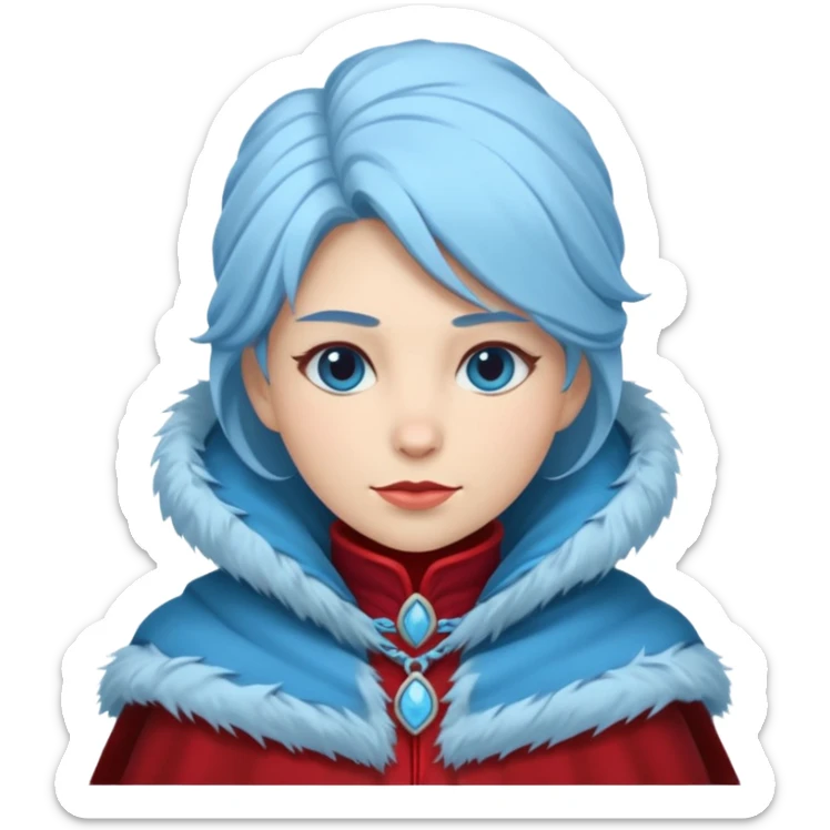 Fantasy human emoji portrait, simple winter mantle with icy blue fur trim and crimson inner fabric, northern winter aesthetic, calm heroic expression, clean flat emoji design, female variant
 sticker