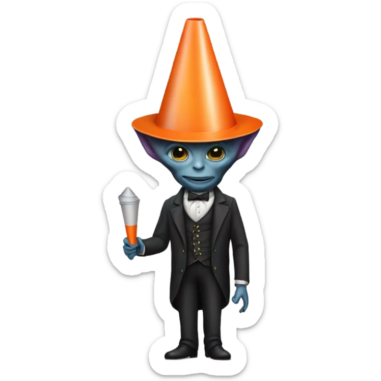 alien galora in Victorian dress elegant, full body, holding big traffic cone sticker