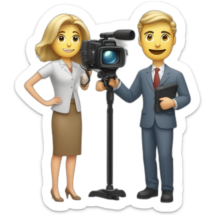 Periodista mujer y hombre con el micrófono frente a una cámara  sticker