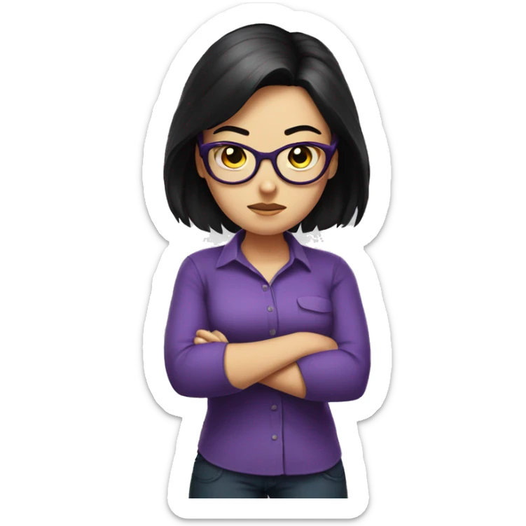 Angry scowling white girl, purple shirt, long black hair, wearing glasses, with arms crossed over chest. sticker