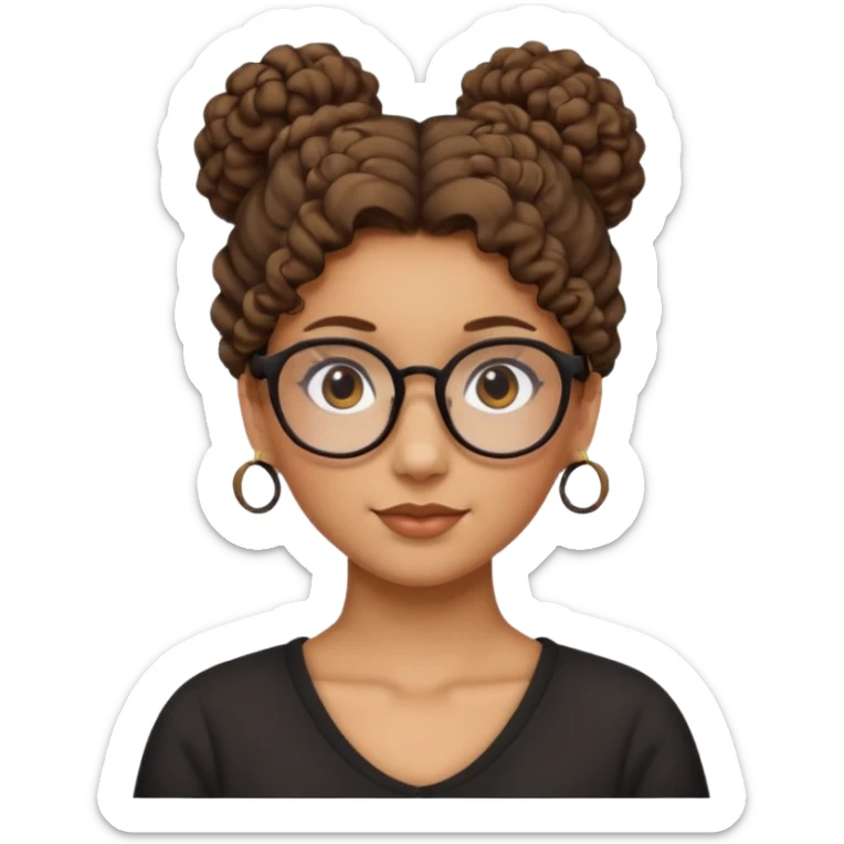 un chica con pelo rizado el peinadpo: un recogido osea todo el pelo recogido menos dos mechones alante que le llega hasta el cuello. luego pil un poco morena ojos marrones y tiene gafas negras y son exagonales pero un poco redondeadas.  sticker