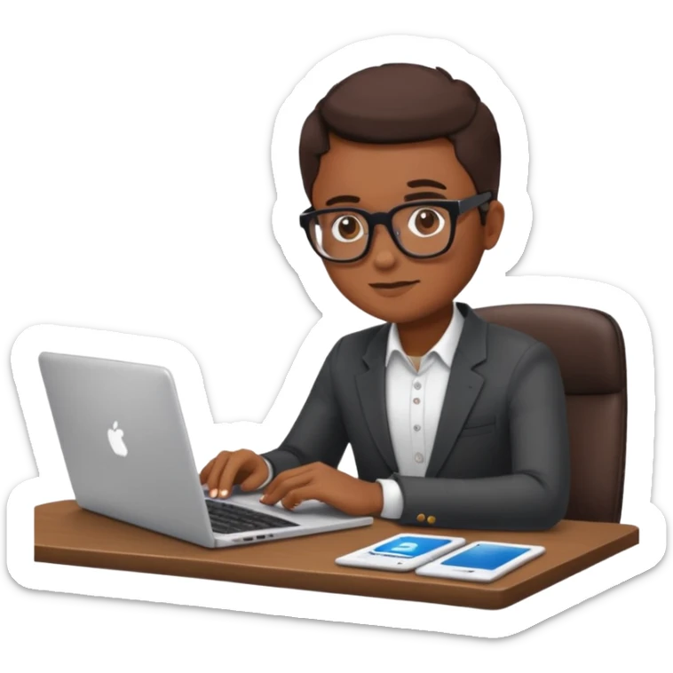 person at a desk with laptop, reviewing social media analytics, emoji style sticker