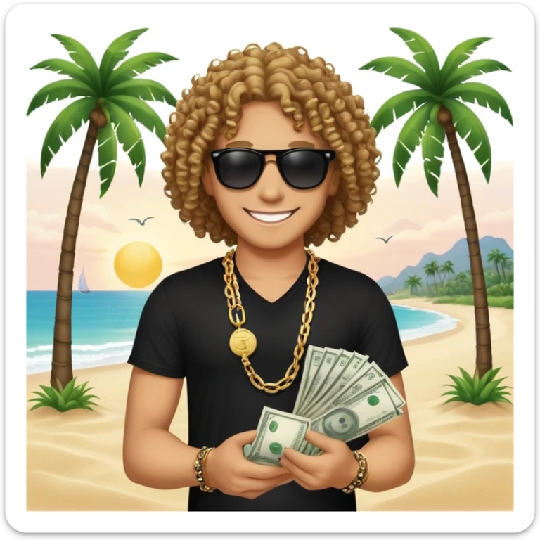 Smiling person with curly hair in black shirt and chain necklace, holding money bundles, black sunglasses, tropical beach scene with palm trees sticker