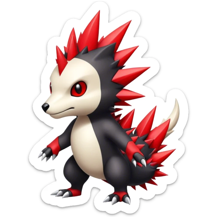 Cute cool black red white animal hybrid Fakemon full body, detailed, spiky, edgy sticker