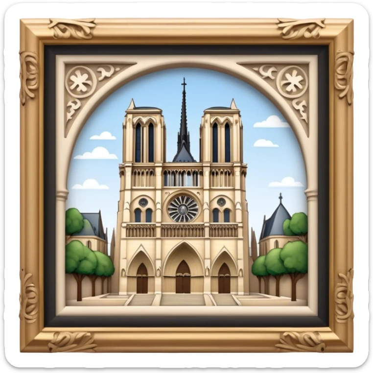 Cinematic Realistic Notre-Dame Cathedral Landmark Emoji, showcasing the Gothic splendor of the cathedral rendered with detailed stone carvings and majestic, soft lighting. sticker