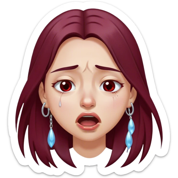 emoji of girl crying hysterically with tears dripping down eyes with mouth closed with maroon dark long hair in a middle part with straight nose hazel eyes medium perfect eye brows with  a nose ring silver on the right nostril  sticker