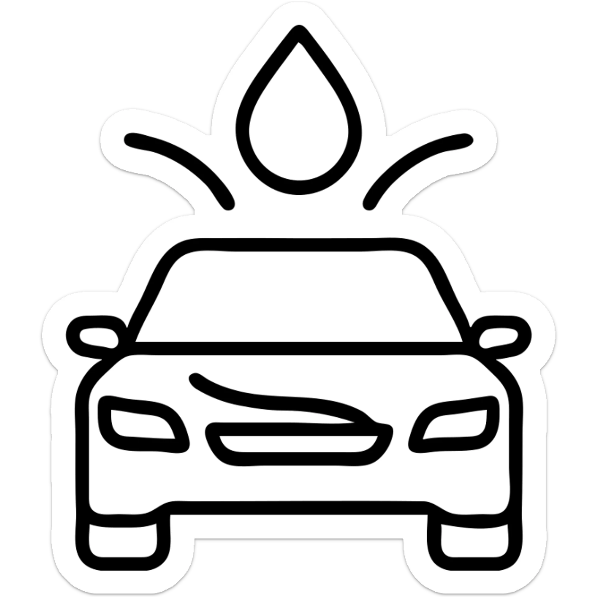outlined icon of a full premium vehicle with glossy black paint, water droplet sliding on the hood or roof, clean lines, subtle repellent effect with water lines moving away, modern and simple sticker