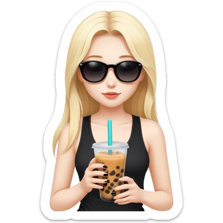 Blonde girl with pale skin and long hair and black sunglasses in black tank top with boba tea sticker