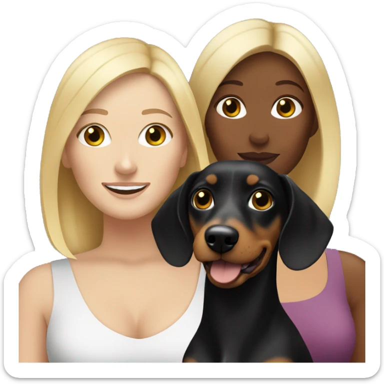 Blonde white woman and Brunette white woman holding black and tan dachshund sticker
