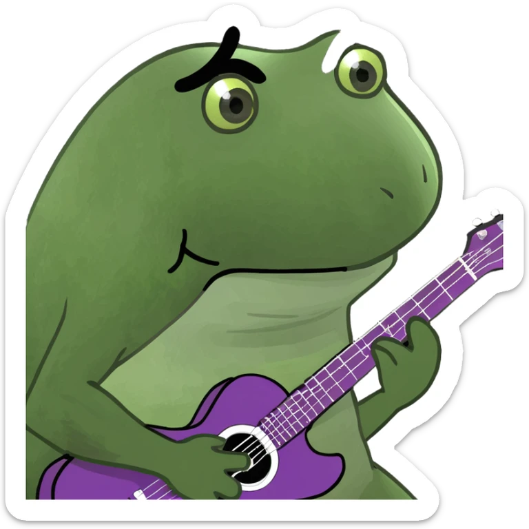 bufo frog holding a purple guitar and wearing a black hair wig sticker
