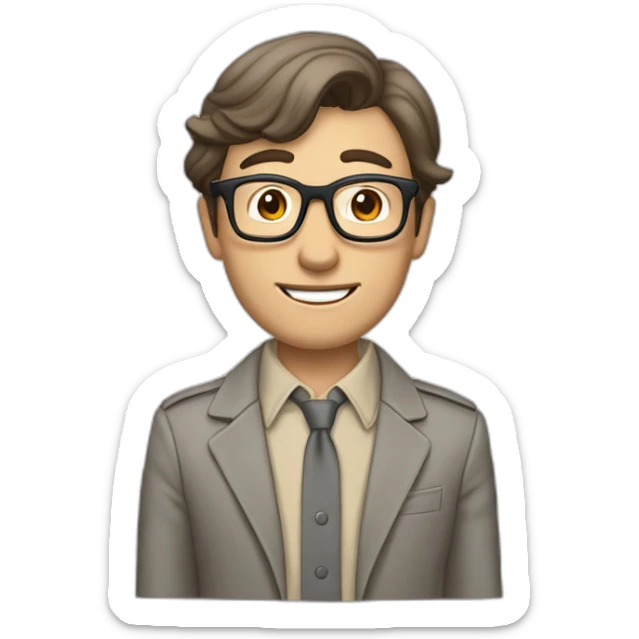 Crickering Pale skinned Fit Man With dark brown hair in gray jacket, beige office shirt, Brown pants and vintage glasses In the joke cap sticker