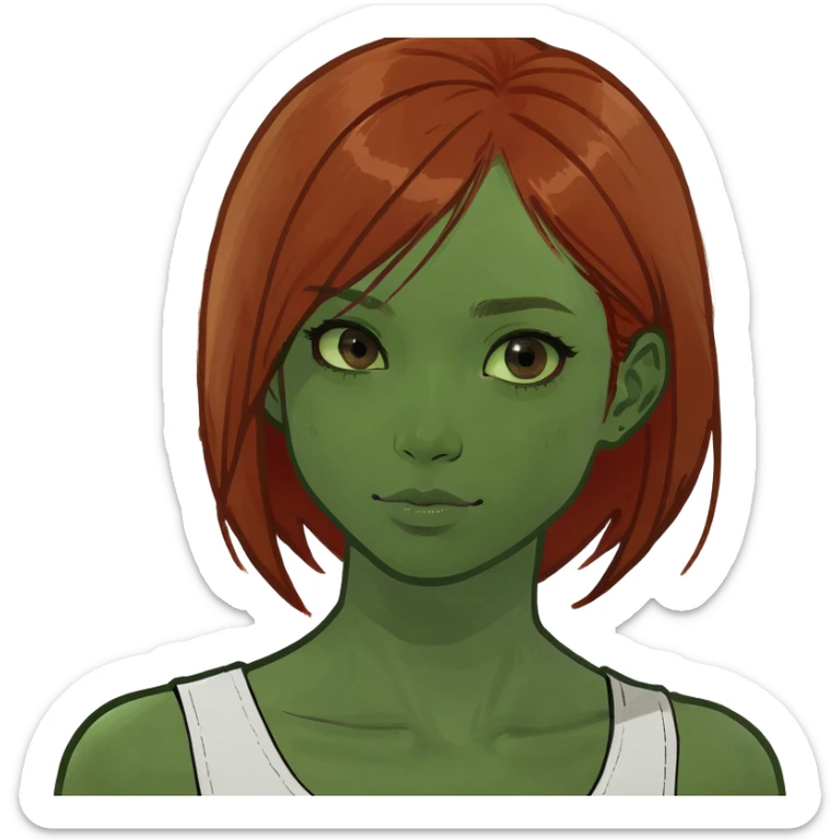 Light brown girl, straight red hair, brown eyes, white sleeveless top sticker