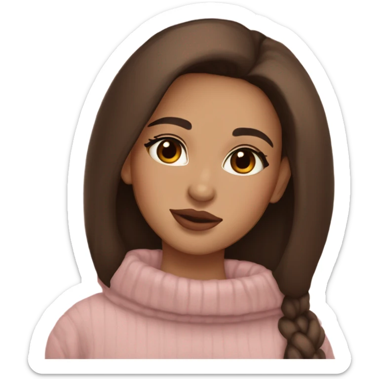 Albania girl,model light skin, long eye lashes, pink beige volume lips, brown eyes, long chocolate brown straight hair, cozy pullover sticker