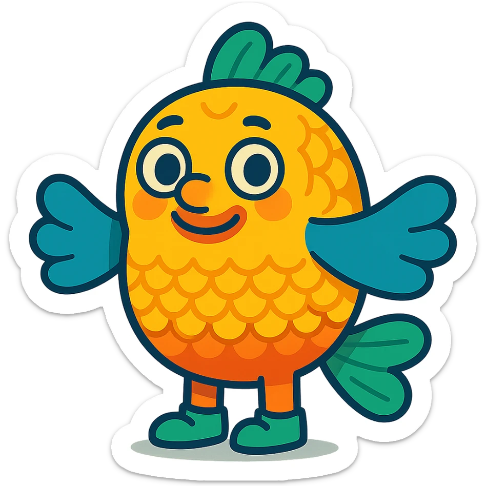 whimsical cute animal with fins for hands, fish scales, tiny shoes, bright colorful cartoon style, detailed sticker
