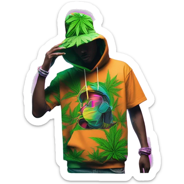 Hemp leaves Multicoloured neon person smoking wearing hoodie dancing hip hop bucket hat tropical Skater fashion aesthetic baggy clothes graphic t shirt 420 sticker