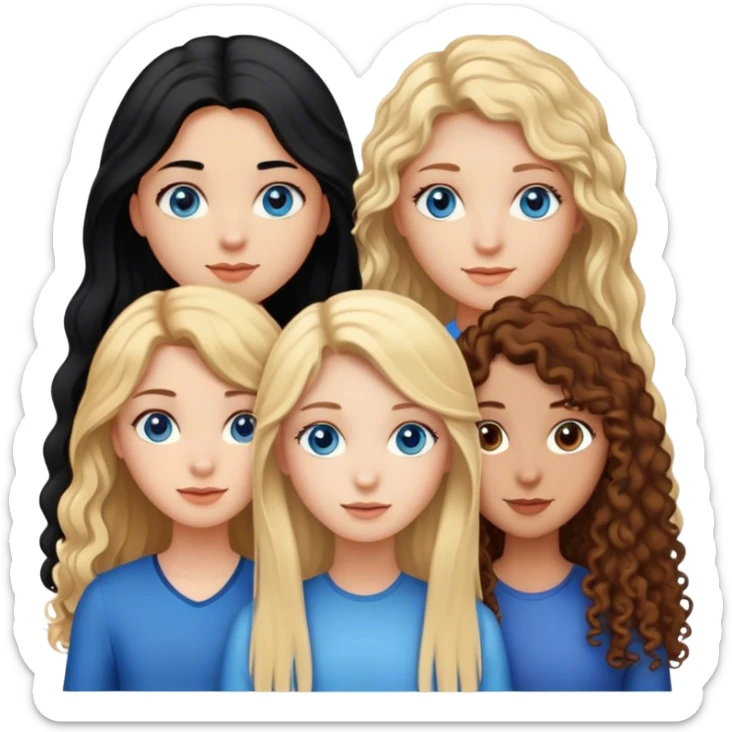 trio de amigas, una con pelo rubio largo liso y ojos azules, otra chica con pelo negro y largo con ojos marrones y otra chica más delgada con pelo castaño pelirrojo y rizado  sticker