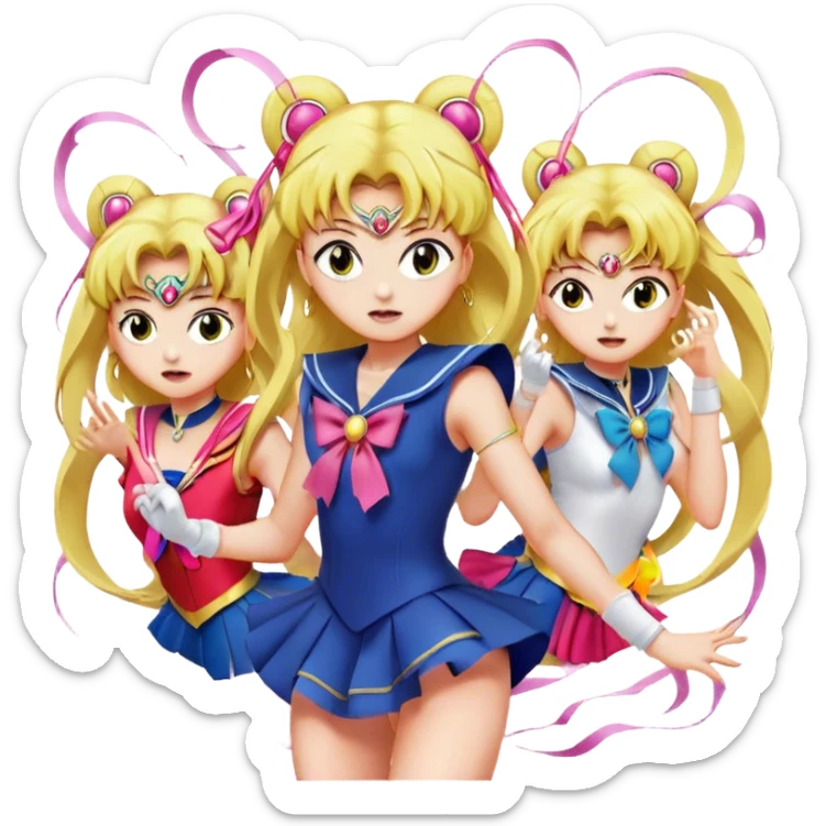 Icon for Anime: vibrant, dynamic scene with characters of Bishoujo Senshi Sailor Moon in action, featuring exaggerated expressions and colorful backgrounds. The design should reflect the distinct, energetic style of anime, with iconic eyes and unique visual elements. Transparent background. sticker