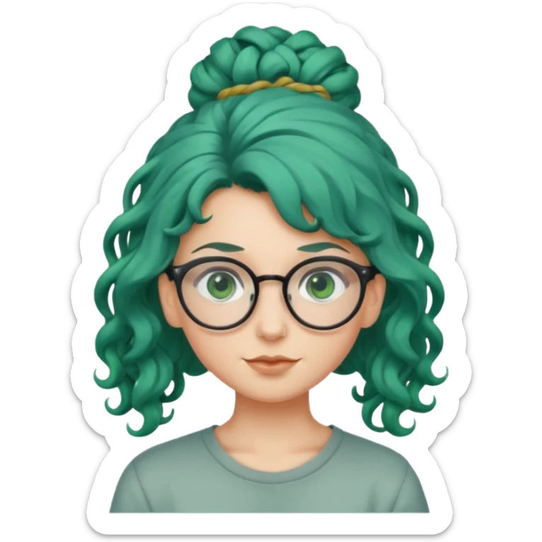 cabelo encaracolado longo, azul, óculos, olhos verdes, raça branca, penteado topo cabeça sticker