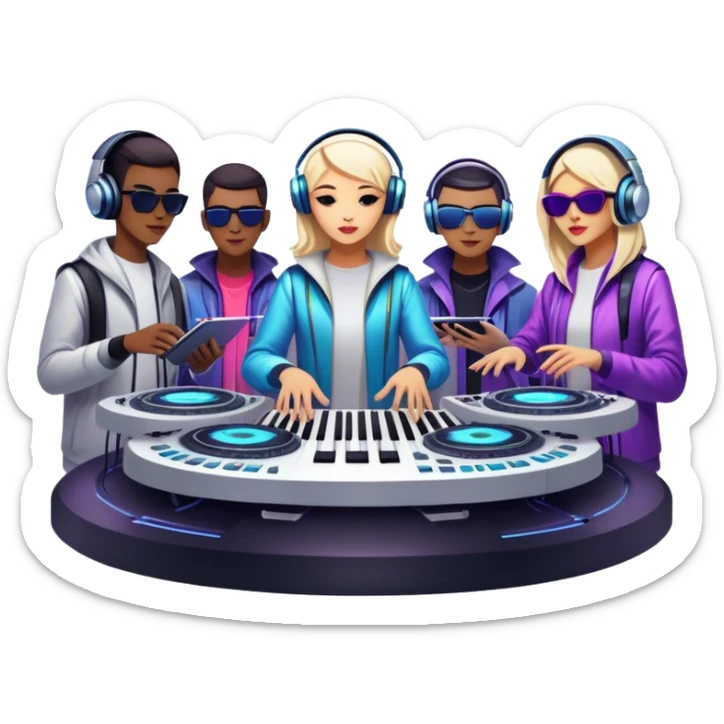 Icon for Electronic Music: Jean-Michel Jarre, Moby, DJ Tiesto, and Jorn van Deynhoven performing with synthesizers, turntables, and futuristic lighting effects. The design should evoke the vibrant and immersive atmosphere of electronic music festivals. Transparent background. sticker