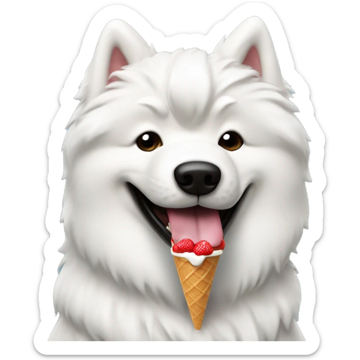 Samoyed dog eating vanilla strawberry ice cream flavored wearing black leather jacket  sticker