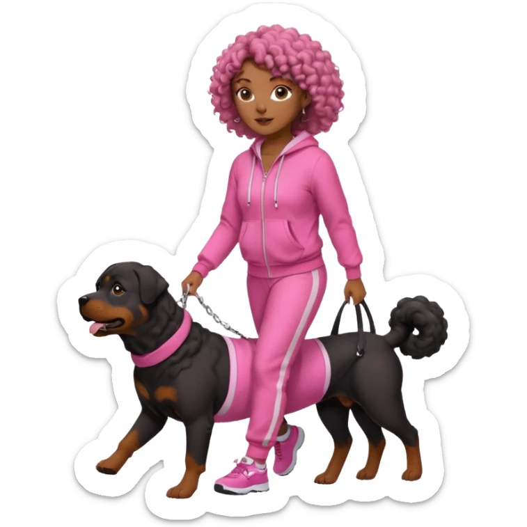 African american curly haired woman in all pink tracksuit walking big Rottweiler dog sticker