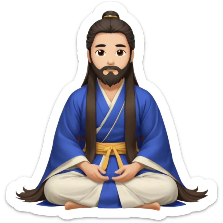 Beautiful man with lightly tan skin and dark long beard, long hair, in Hanfu sitting on the ground sticker