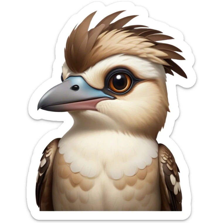 Cinematic Noble Kookaburra Portrait Emoji, Poised and regal, with a stout, robust build and a striking plumage of earthy browns and creams, a strong beak and deep-set soulful eyes, Simplified yet sharp and sophisticated features, highly detailed, glowing with a soft, dignified glow, high shine, intelligent and exuberant, stylized with an air of native woodland majesty, focused and attentive, soft glowing outline, capturing the essence of a watchful and confident bird, so majestic it feels as though it could laugh out of the screen with effortless authority! sticker