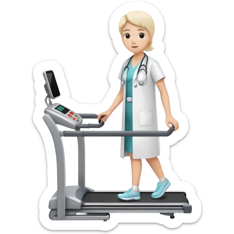 treadmill, patient in hospital gown, heart monitor, and doctor sticker