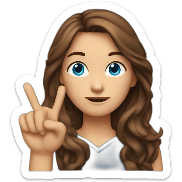 brown-haired woman with long hair, blue eyes shows her index finger sticker