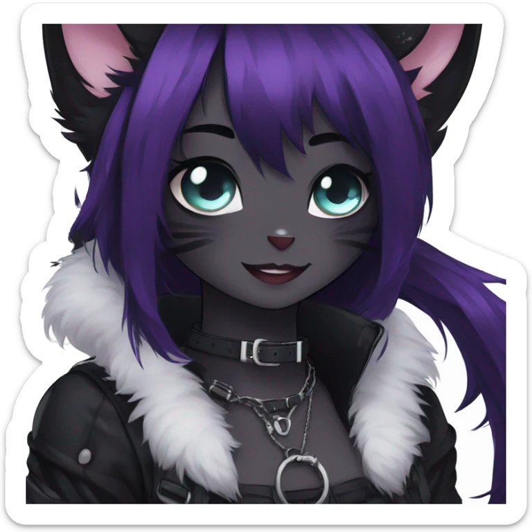 Gorgeous gothic dark techwear anime style anthro black cat furry with blushing face aesthetic and pretty edgy black with collar and harness trending style sticker