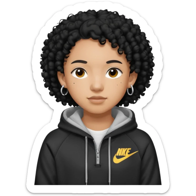 Blasian teenager wearing a nike hoodie with black curly hair and ears pierced sticker