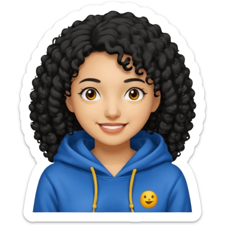 A women with a black curly hair who wear a hoodie and that hoodie have a some smorf sticker