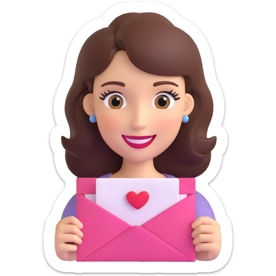 3D emoji of a smiling, feminine face with big eyelashes, no body, colorful and friendly, romantic style, with feminine accessories, motif: love letter, transparent background sticker