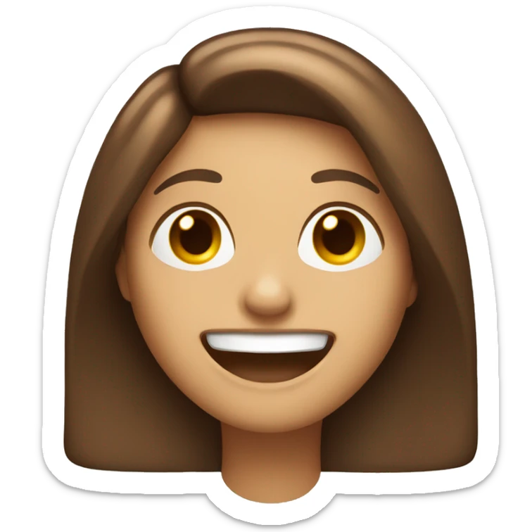 An emoji of a woman with long, straight brown hair and a large mouth, smiling with a friendly expression sticker
