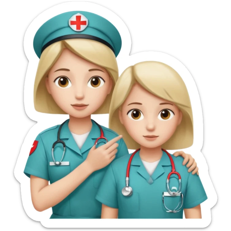 A young medic (woman) attending to a child patient at the local hospital sticker