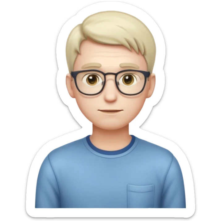 A realistic adult male character with pale skin, soft features, slightly shy expression, slim build, subtle blushing, wearing casual nerdy clothes, standing timidly, styled in a mature, clean, semi-realistic emoji style with soft shading, readable at small icon size sticker