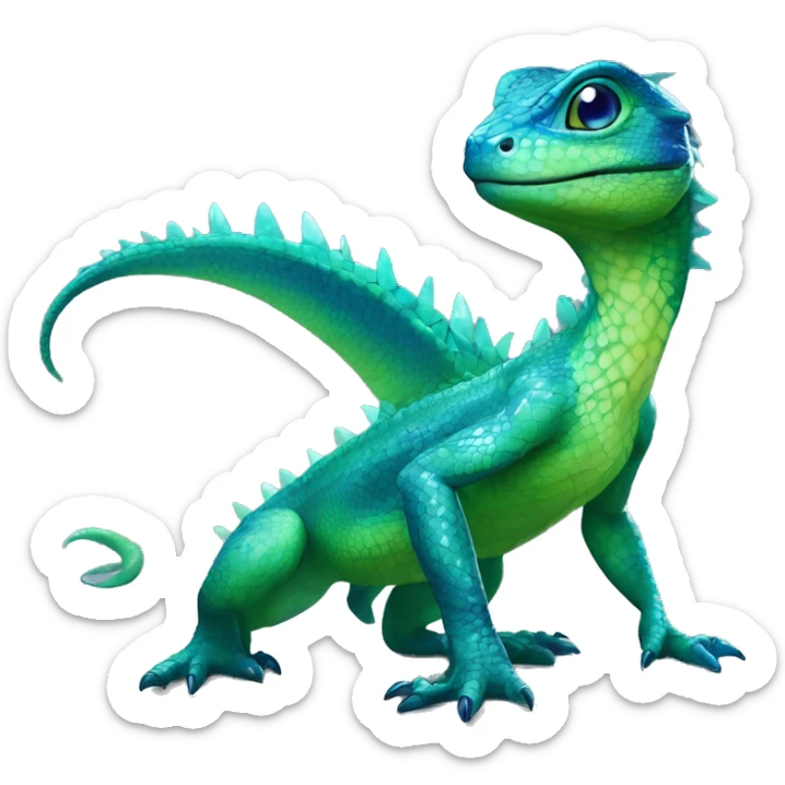 A Cyan Shiny Glossy Iridescent Anthro-Scalie-Lizard-Reptile-Salamandrian-Fakémon with dark-blue patterns and light-green belly Full Body sticker