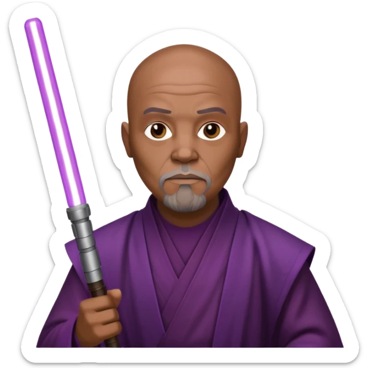 star wars master windu bald head, no facial hair, brown jedi outfit with purple lightsaber sticker
