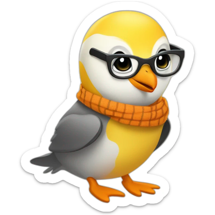 yellow penguin with black glasses dirtyblonde hair with orange tshirt and gray striped scarf sticker