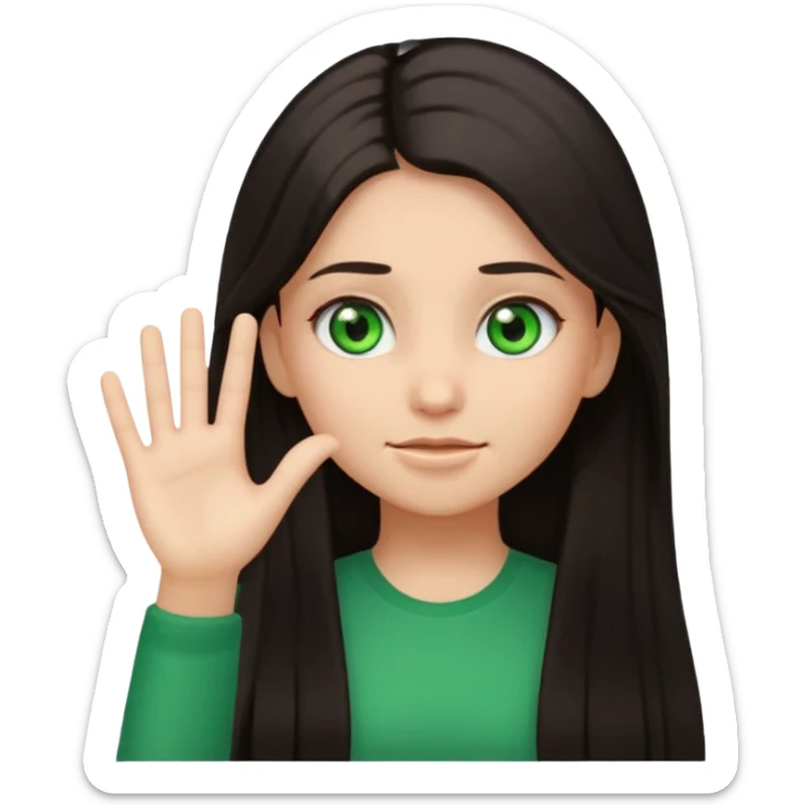 Animated girl dark long hair green eyes emoji holding right side of the head with her hand with duh facial expression  sticker