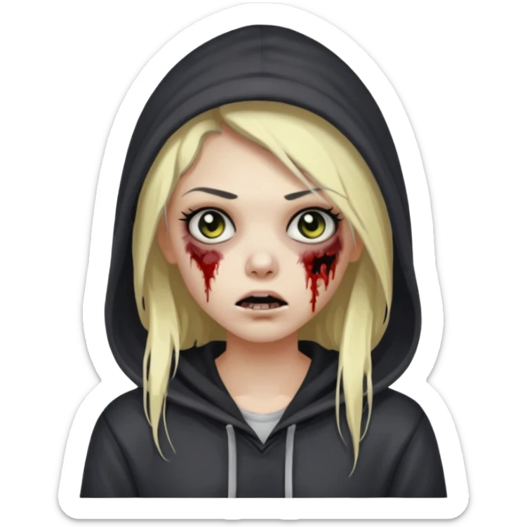 Draw a zombie girl with dark black hair with blonde highlights, long hair, and a hoodie. sticker