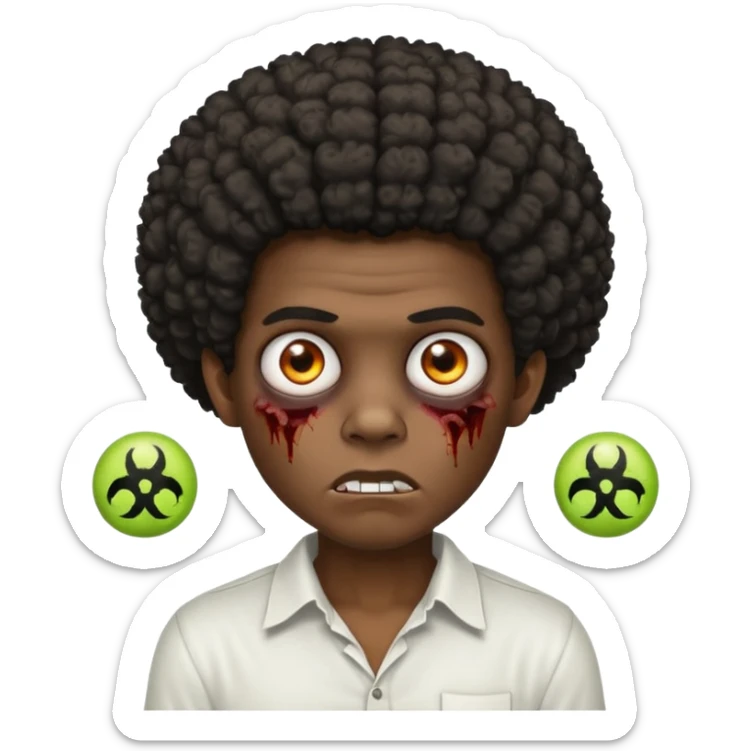 A dark-skinned boy with an afro, zombie eyes, and ears, wearing a white shirt. sticker