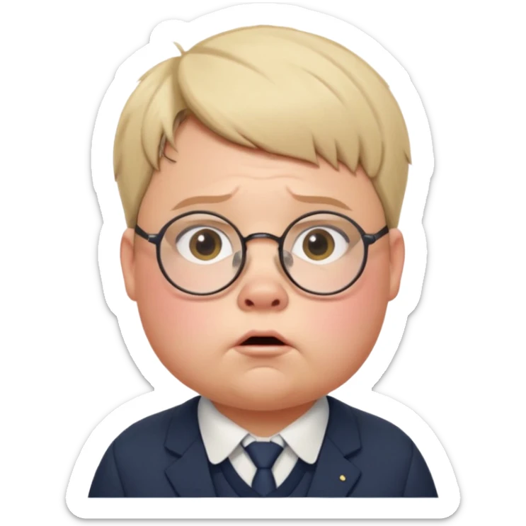 Piggy from 'Lord of the Flies', round face, glasses, chubby cheeks, short hair, anxious expression, school uniform hints sticker