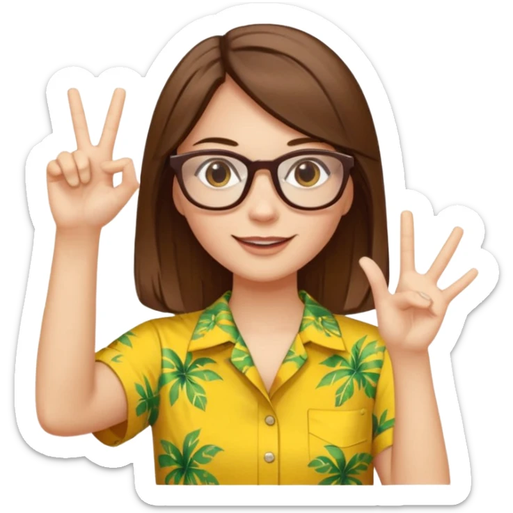 Hawaii female with white skin. Shoulder length straight brown hair. Brown eyes with glasses. Female wearing yellow Hawaiian print shirt. Women is making a hang loose sign with her left hand sticker