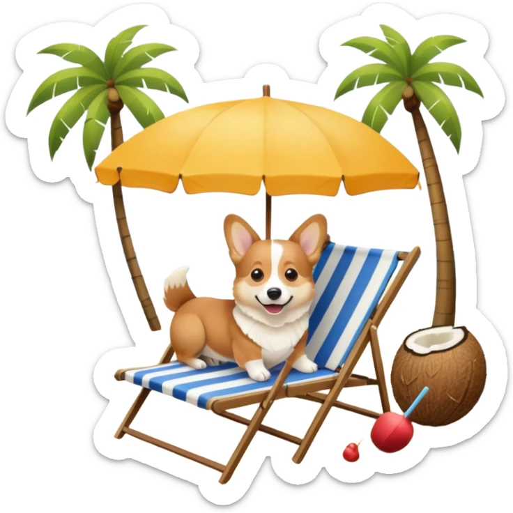 a corgi dog laied on a beach chair, a sunny beach, a sun umbrella, and beach coconut trees. the icon should capture the essence of a relaxing beach vacation with a carefree atmosphere sticker