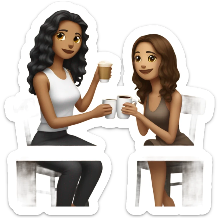 puerto rican woman light skin with shoulder-length, wavy, brown hair drinking latte with Italian woman with black, straight hair drinking espresso at table sticker