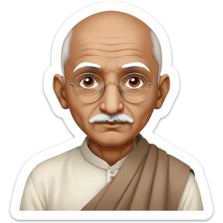 Cinematic Realistic Mahatma Gandhi Portrait Emoji, depicted as a humble, wise leader in simple attire with a serene determined expression, rendered with soft textures and warm natural lighting that captures his peaceful yet resolute spirit. sticker