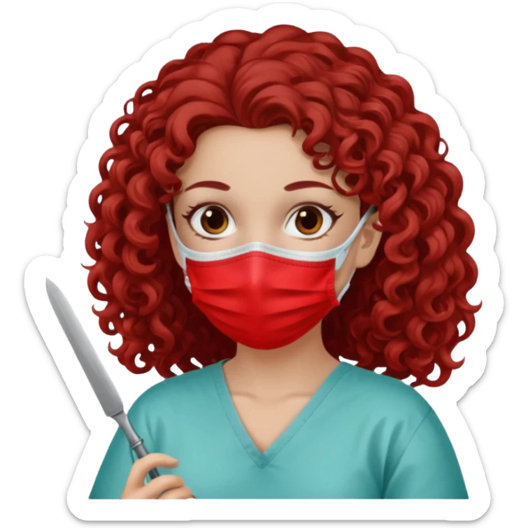 Lilith symbol seductress evil surgeon. curly, long hair. brown hair. Red surgical mask and hair covering. She works for cartel and kills  with a scalpel. sticker