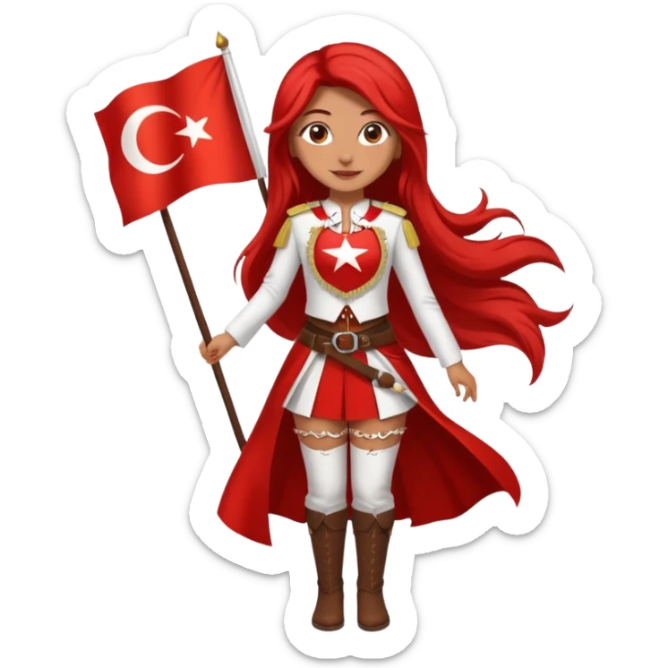 ultra sexy happy Turkish girl with Turkish flag in national outfit, full body, long bright hair sticker